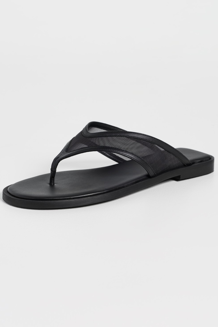 flat lay of Frēda Salvador Halle Mesh Thong Sandal side view