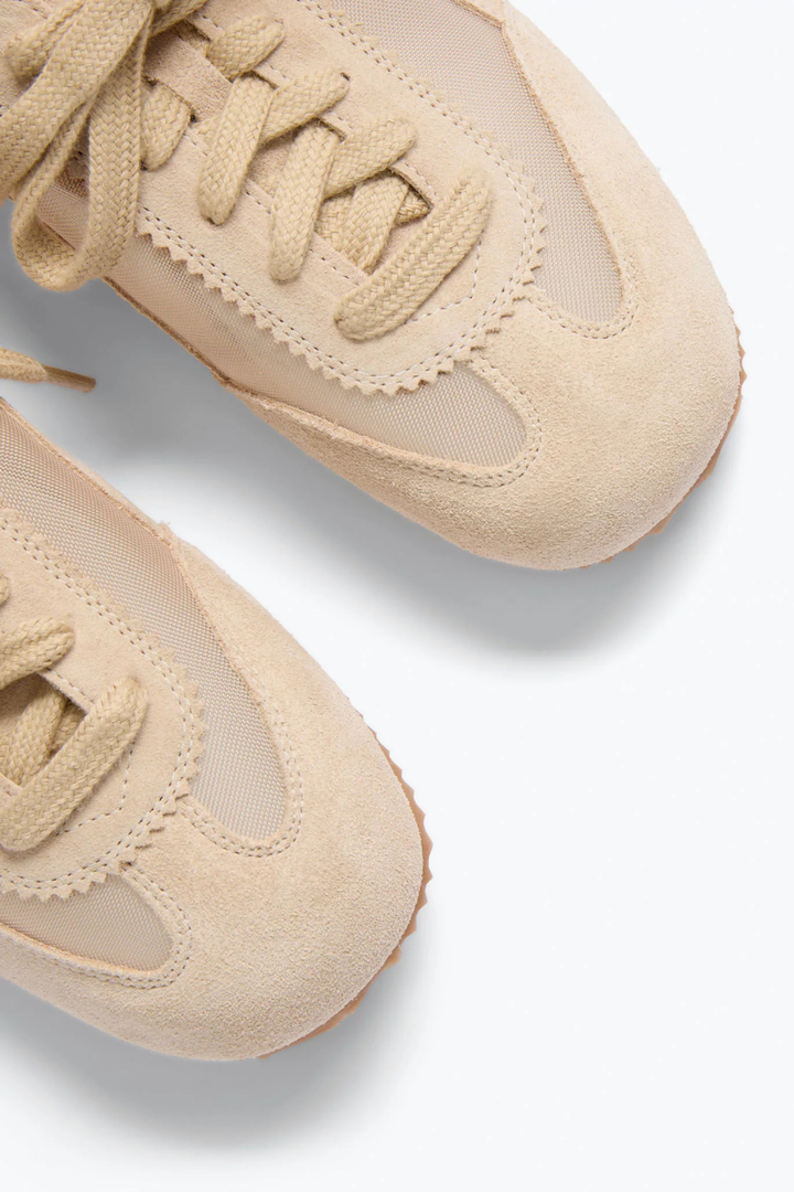 Flat lay of Frēda Salvador Minnie Ballet Sneaker Sahara Suede With Mesh top view
