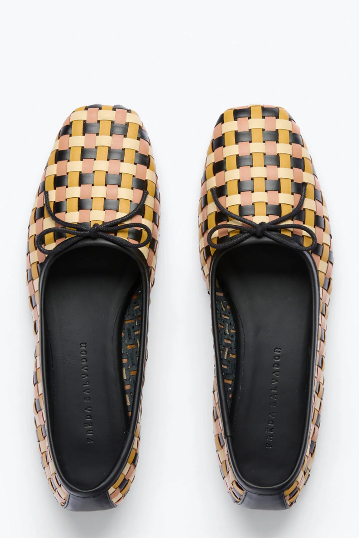 Flat lay of Frēda Salvador Jada Square Toe Ballet Flat Mango Multi Woven Calf top view