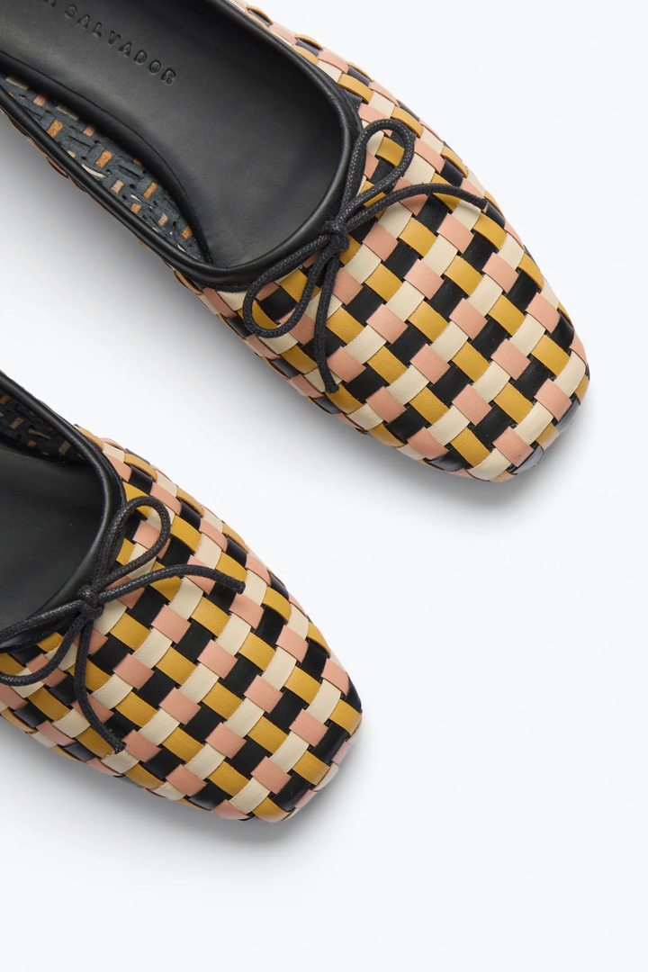 Flat lay of Frēda Salvador Jada Square Toe Ballet Flat Mango Multi Woven Calf top view