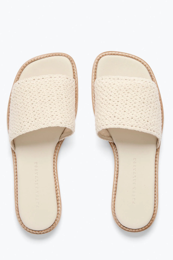 Flat lay of Frēda Salvador Juno Crochet Sandal Vanilla Crochet top view
