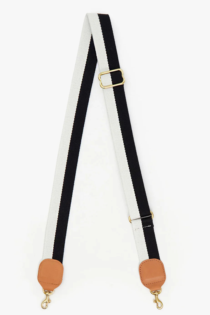 Flat lay of Clare V. Adjustable Crossbody Strap Black Cream Two Tone Webbing front view