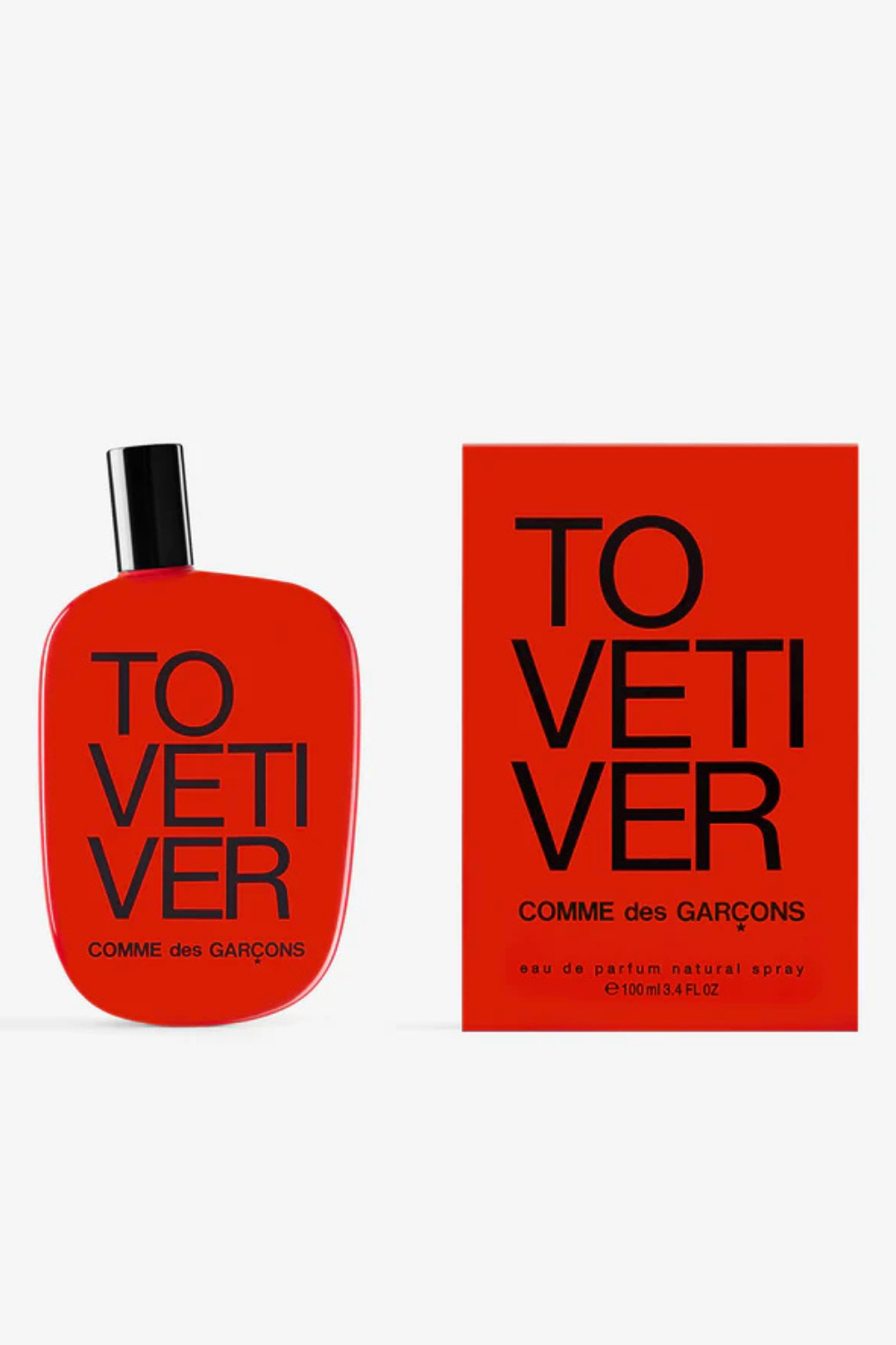 Flat lay of Comme des Garçons Eau de Parfum To Vetiver bottle and box front view