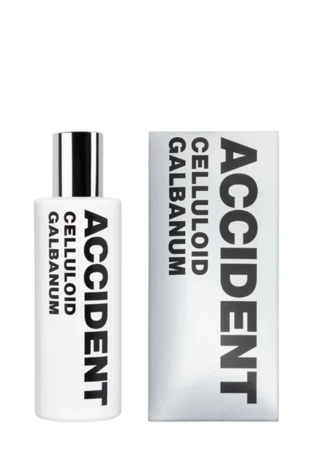 Flat lay of Comme des Garçons Eau de Parfum ACCIDENT Celluloid Galbanum front bottle and box view