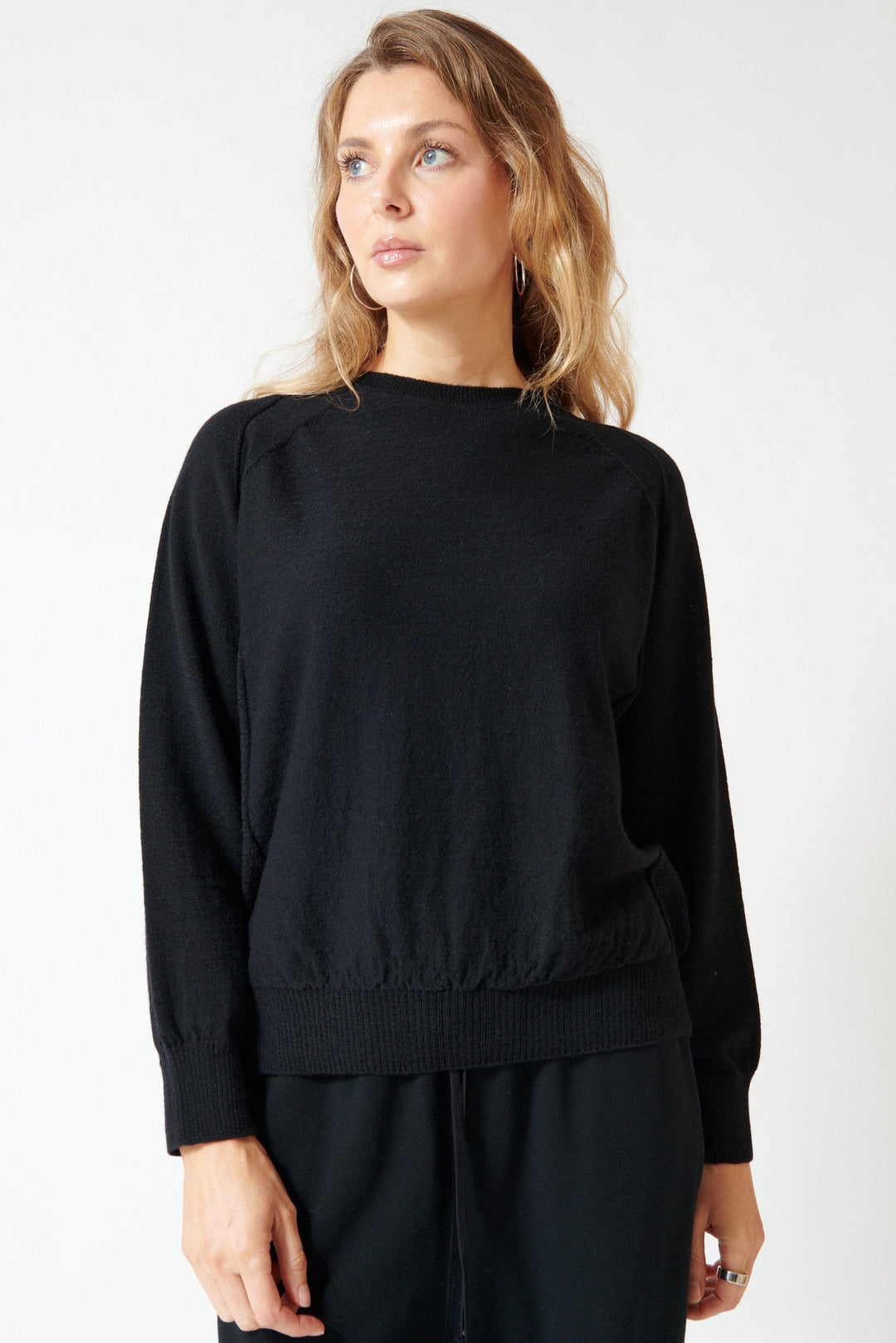 Mari wearing Pas de Calais Airy Merino Wool Patterned Panel Switch Crewneck Pullover Black front view