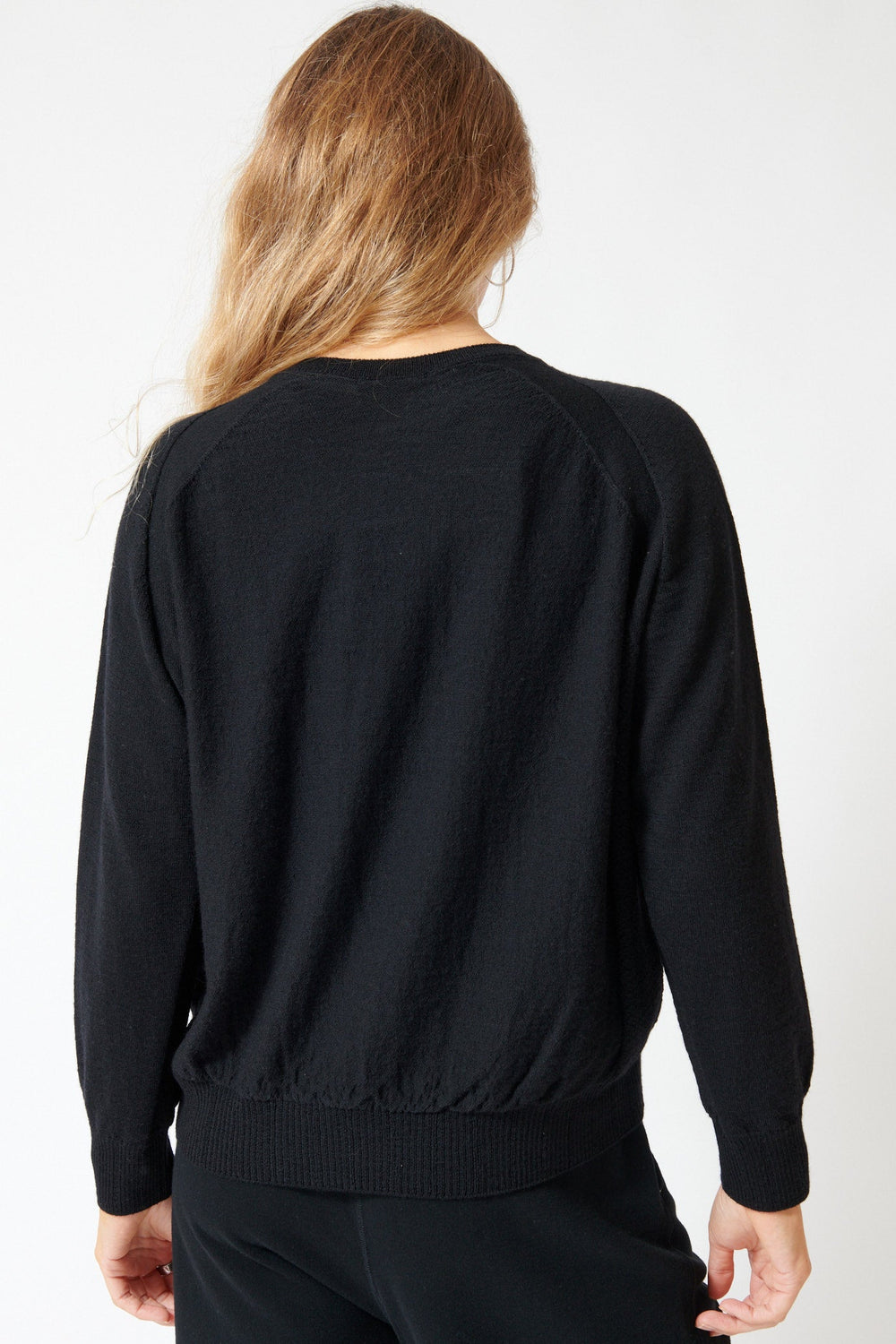 Mari wearing Pas de Calais Airy Merino Wool Patterned Panel Switch Crewneck Pullover Black rear view