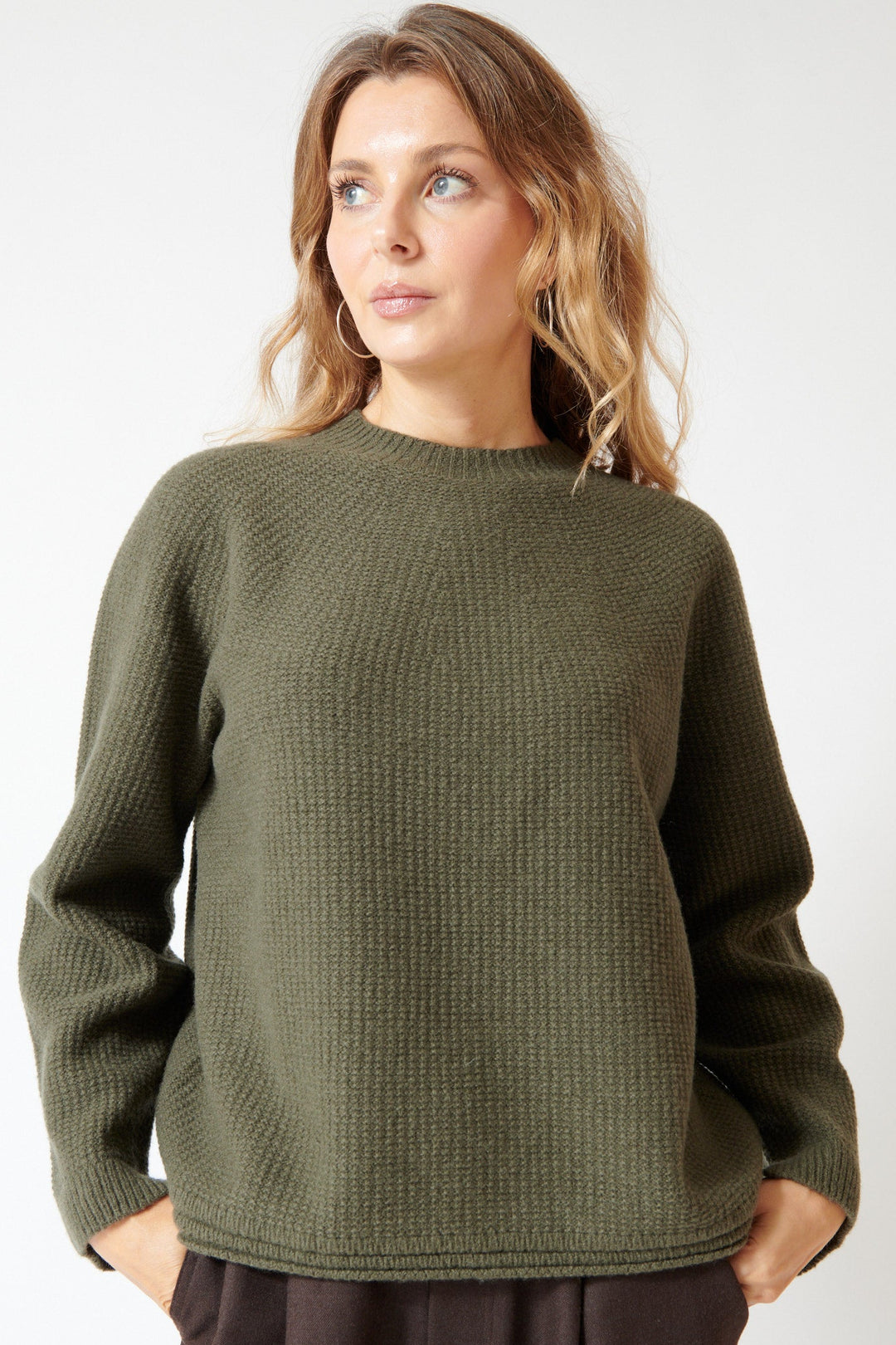Mari wearing Pas de Calais Cashmere Blend Lambs Wool Patterned Knit Crewneck Pullover Khaki front view