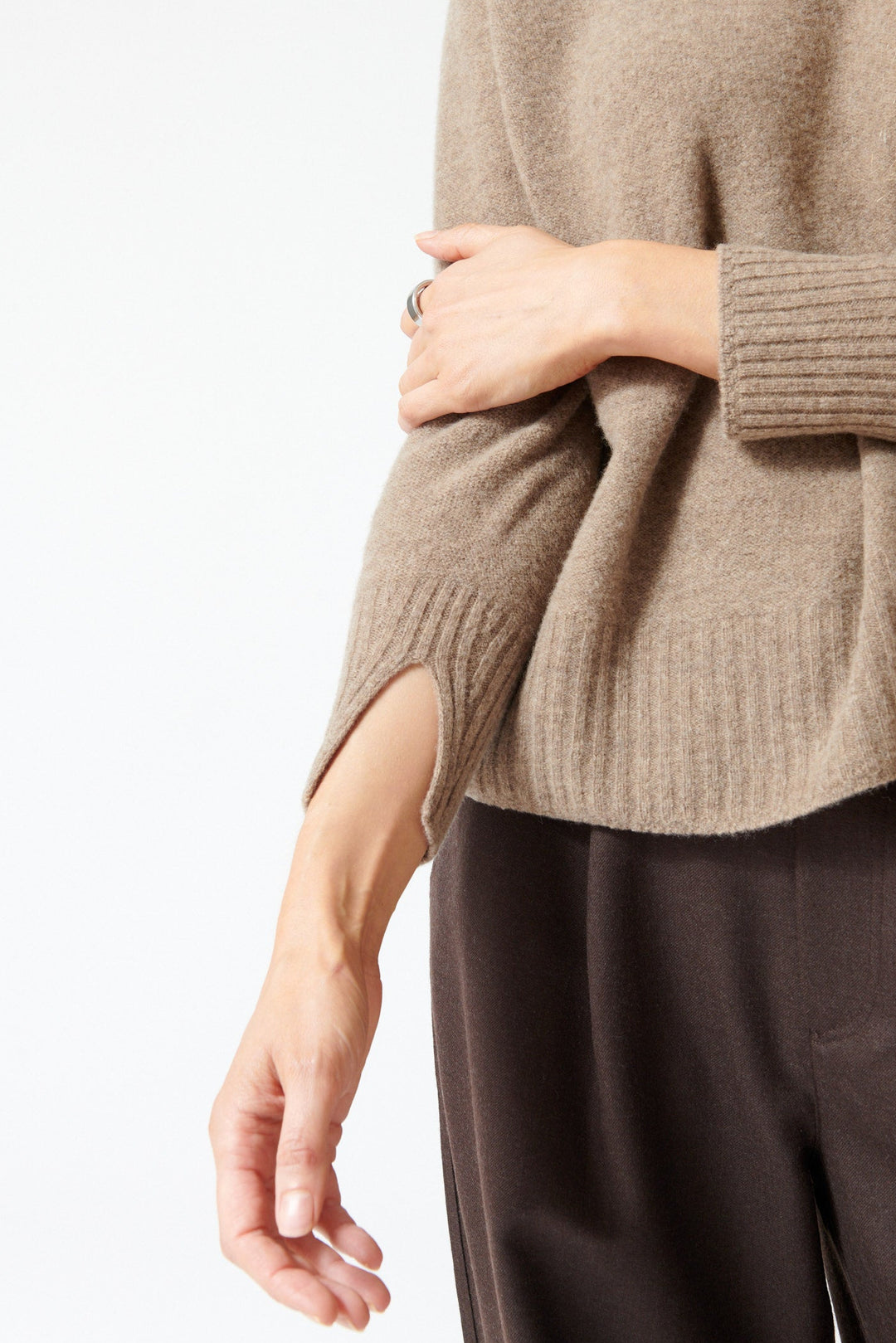 Mari wearing Pas de Calais Fine Wool Patterned Panel Switch Loose Turtleneck Pullover Brown front/sleeve view