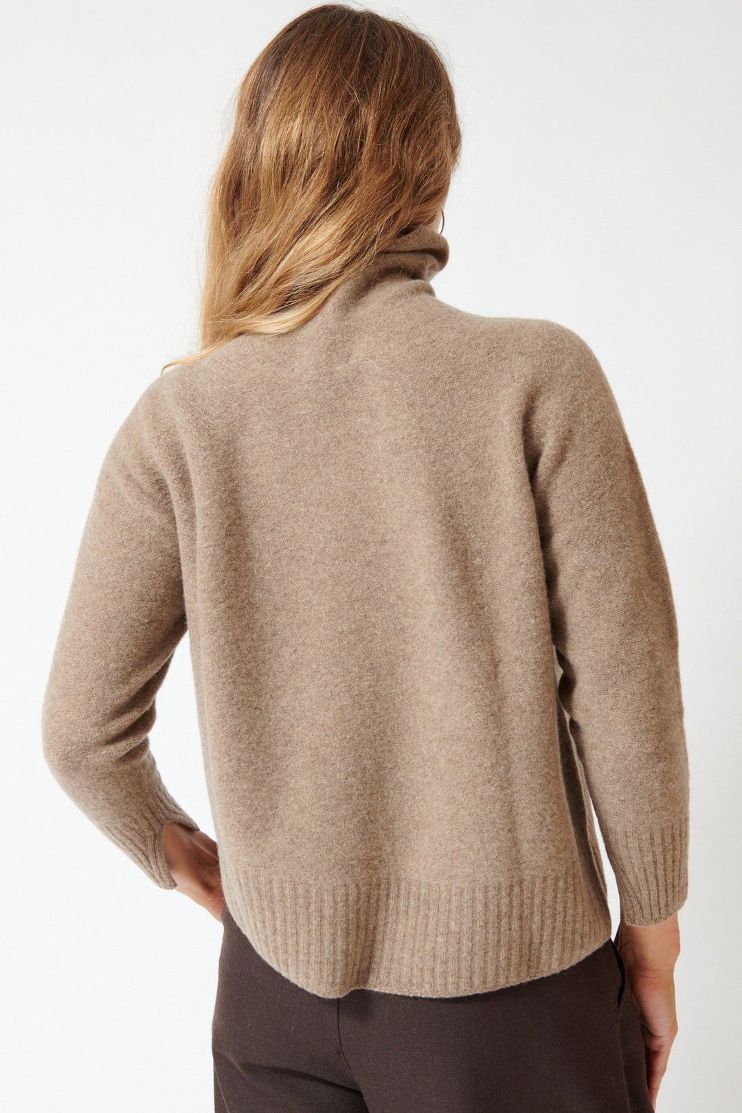 Mari wearing Pas de Calais Fine Wool Patterned Panel Switch Loose Turtleneck Pullover Brown rear view