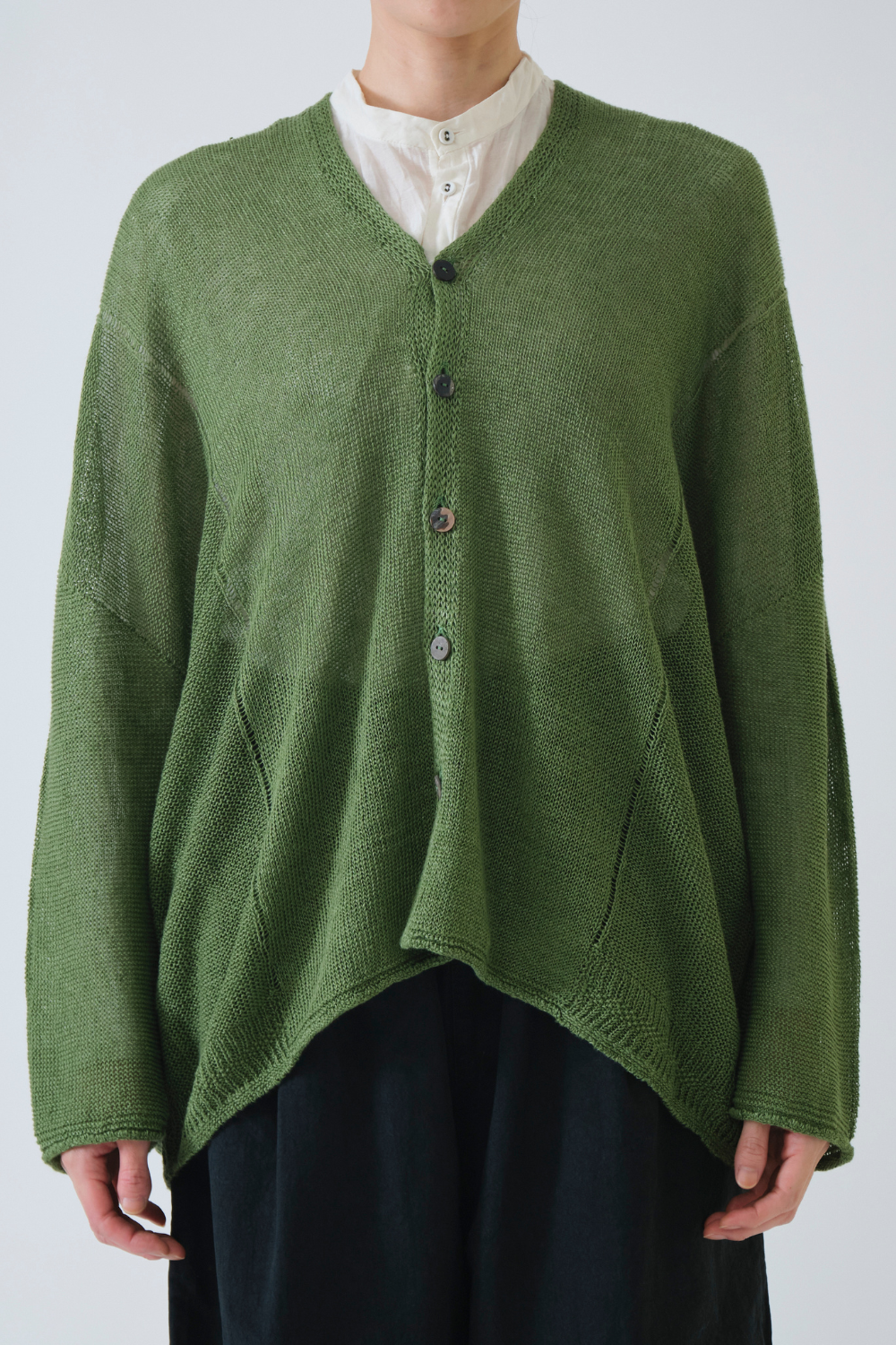 Model wearing Pas de Calais Normandy Linen V Neck Cardigan front view