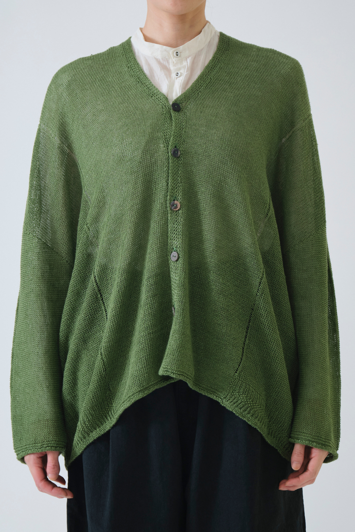 Model wearing Pas de Calais Normandy Linen V Neck Cardigan front view