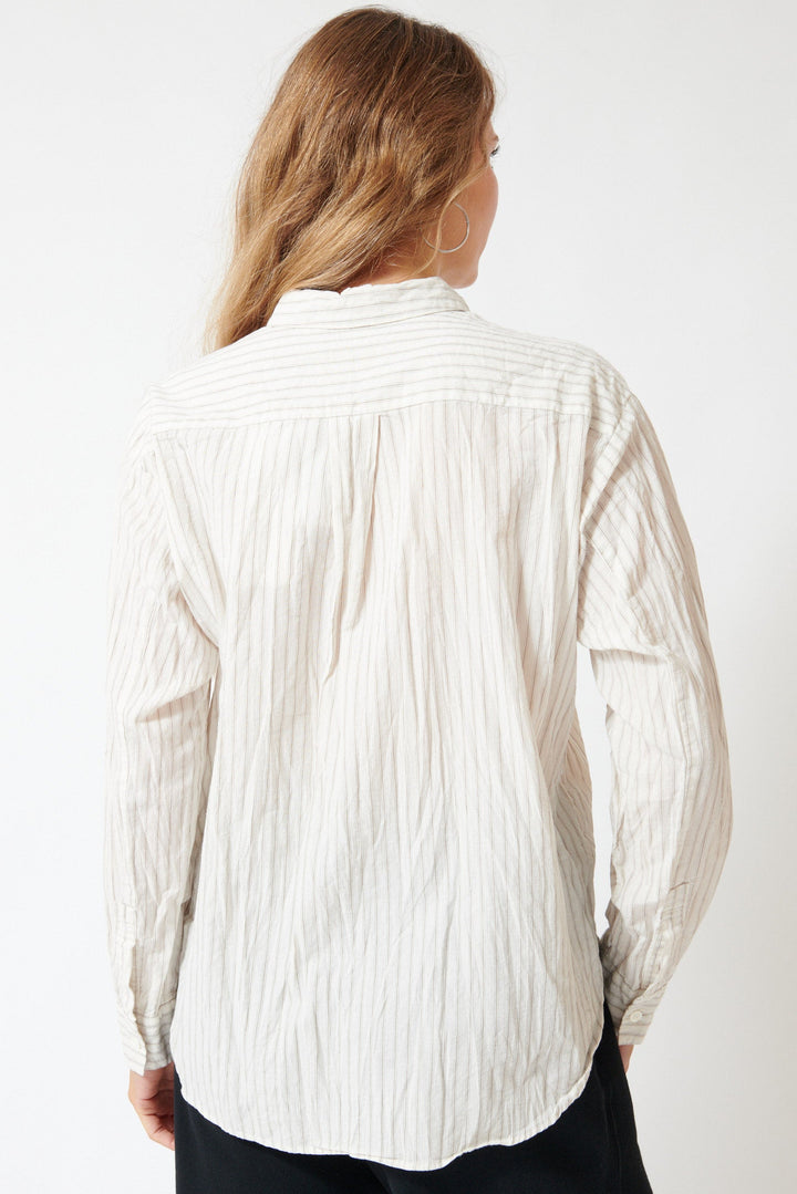 Mari wearing Pas de Calais Organic Cotton Dobby Stripe Standard Shirt Ivory rear view