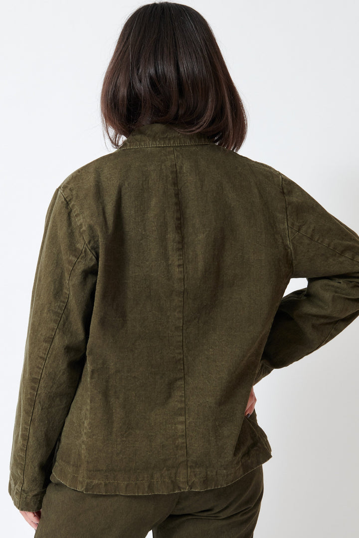 Model wearing Pas de Calais Organic Cotton Linen Natural Twill Tailored Jacket rear view