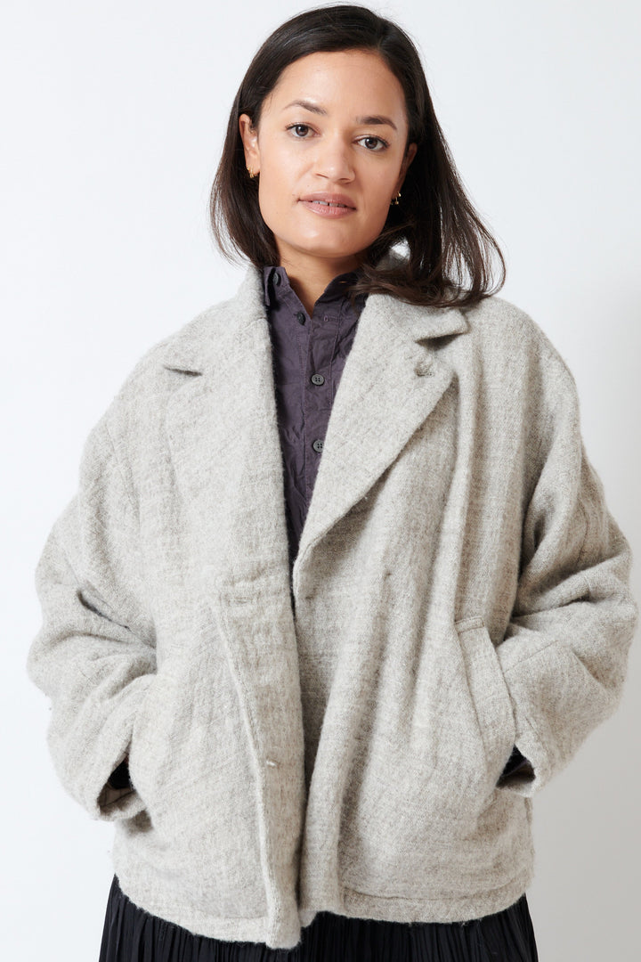 Model wearing Pas de Calais Shetland Wool and Normandy Linen Short Jacket front view