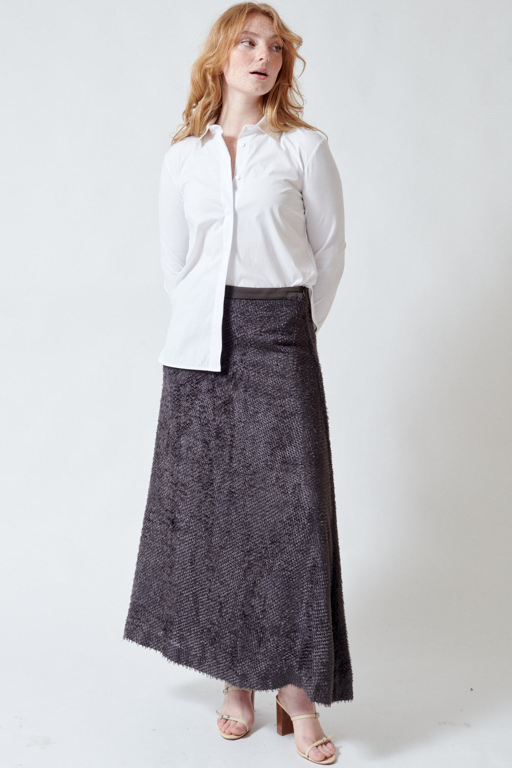 Waverly wearing Peserico Light Viscose Fil Coupe Skirt front view