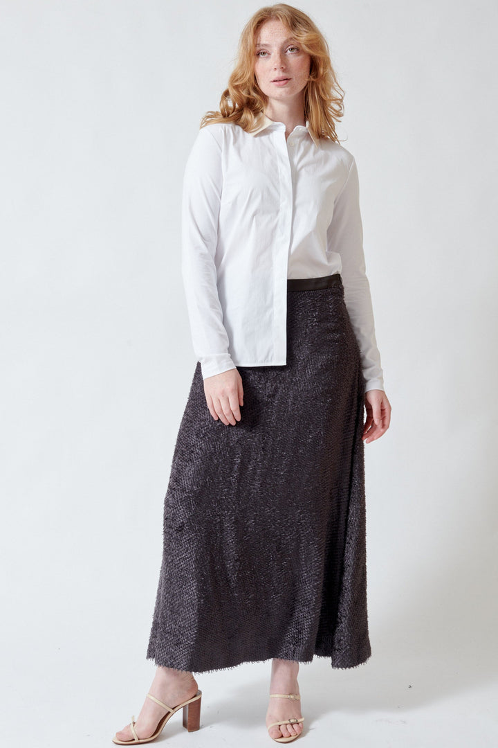 Waverly wearing Peserico Light Viscose Fil Coupe Skirt front view