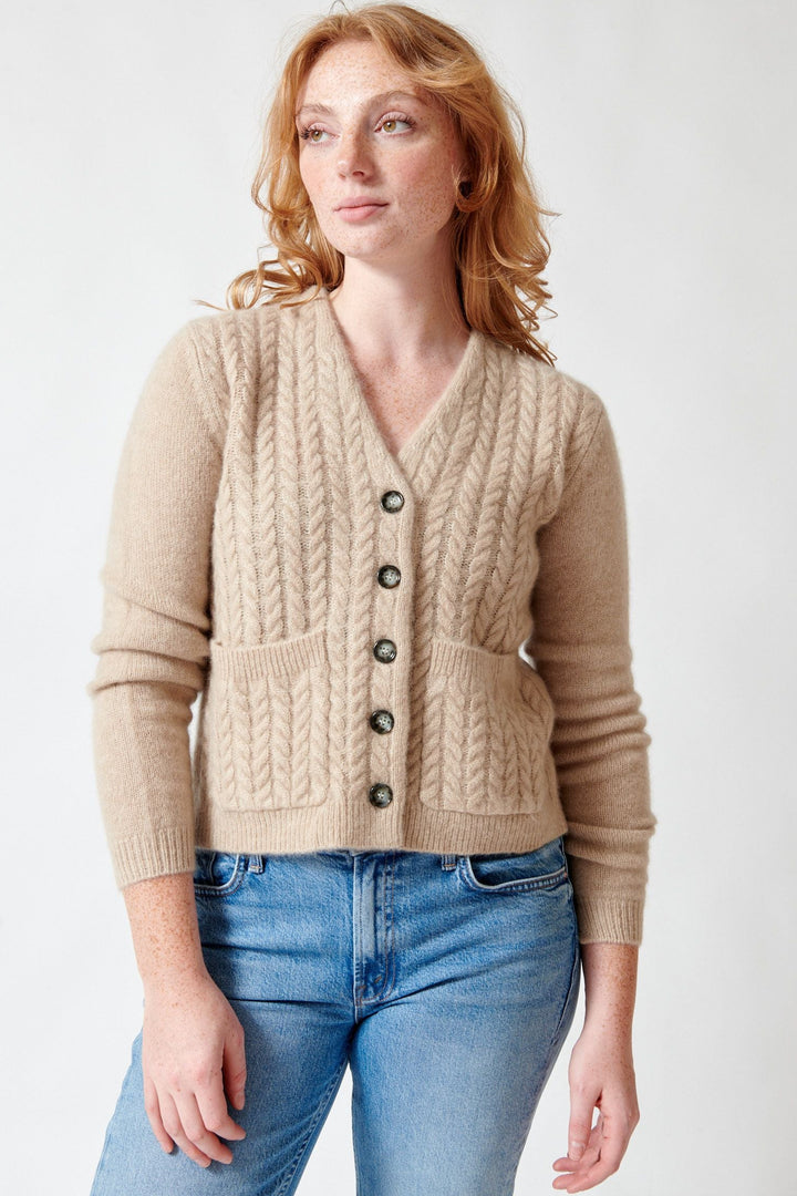 Model wearing Allude Full Sleeve Justine V Cardigan Marble Melange front view
