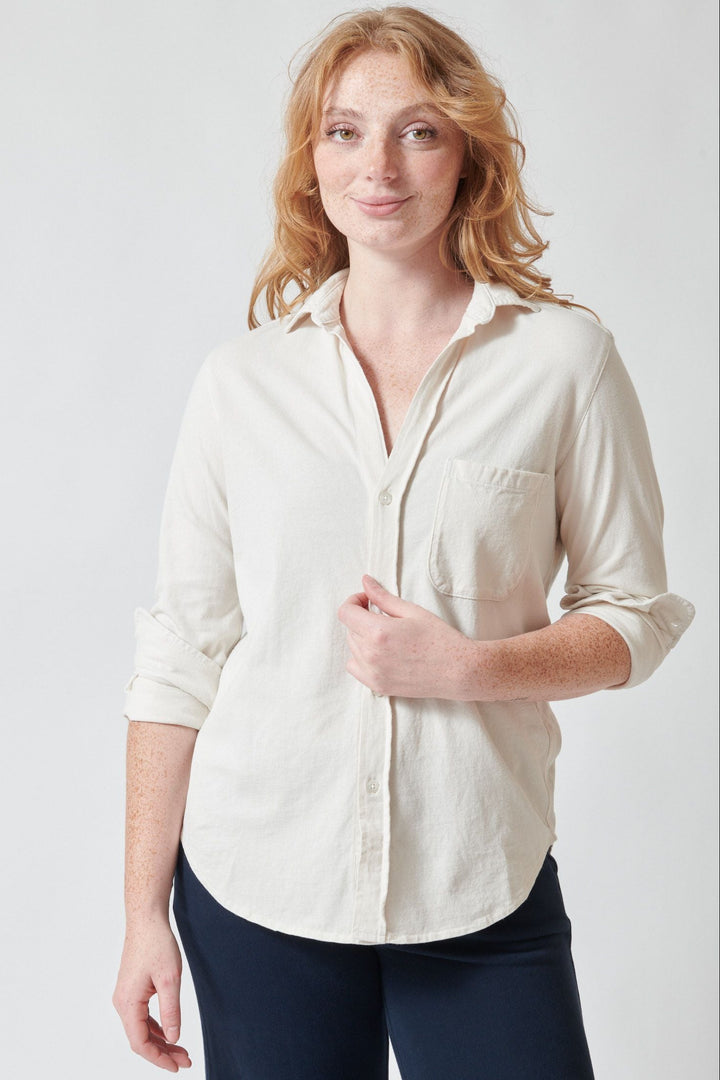 Waverly wearing Frank & Eileen Waverly NYC Button Up Tee Shirt Vintage White front view