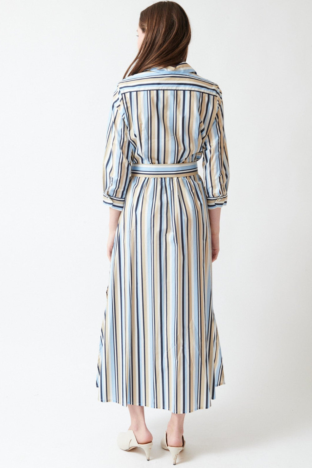 Angela wearing Rosso 35 Beach Stripes Belted Long Shirt Dress rear view