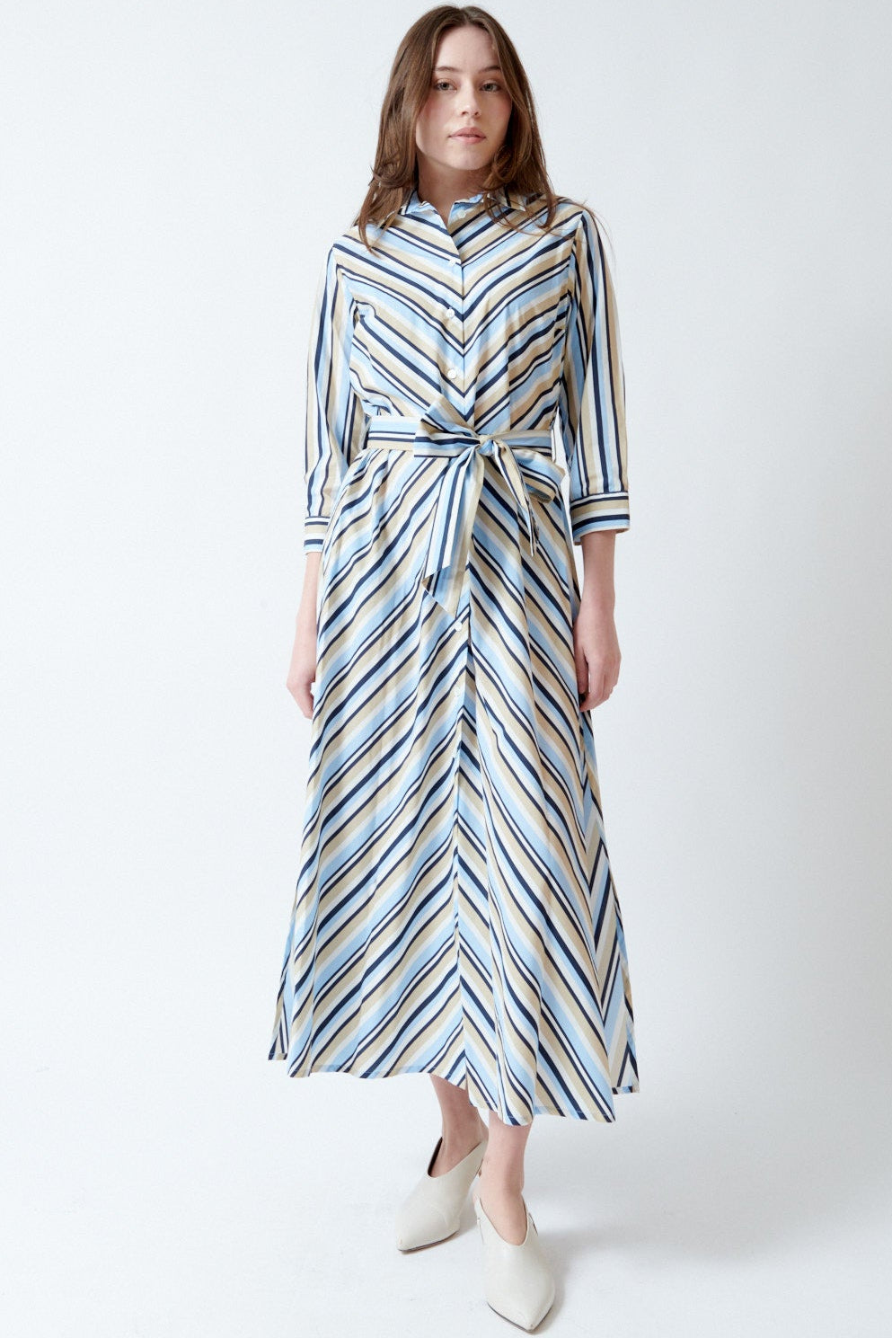Angela wearing Rosso 35 Beach Stripes Belted Long Shirt Dress front view