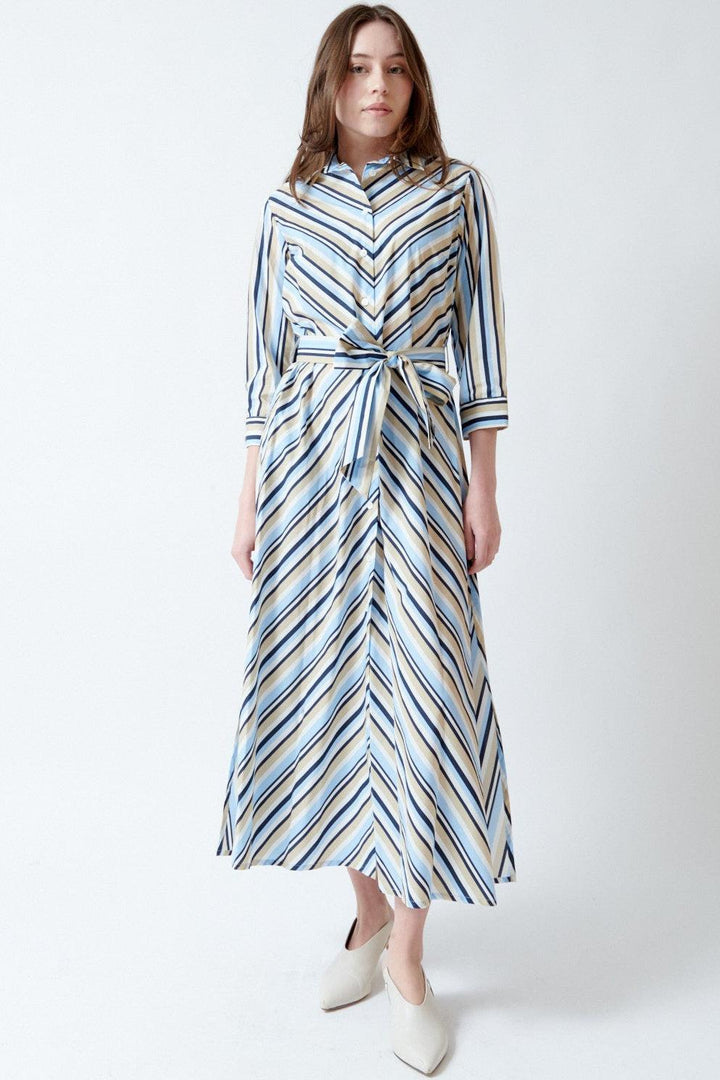 Angela wearing Rosso 35 Beach Stripes Belted Long Shirt Dress front view