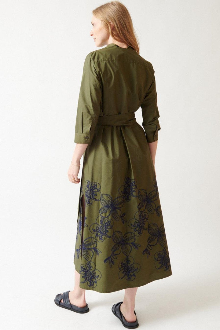 Madi wearing Rosso 35 Embroidered Floral Belted Long Shirt Dress rear view