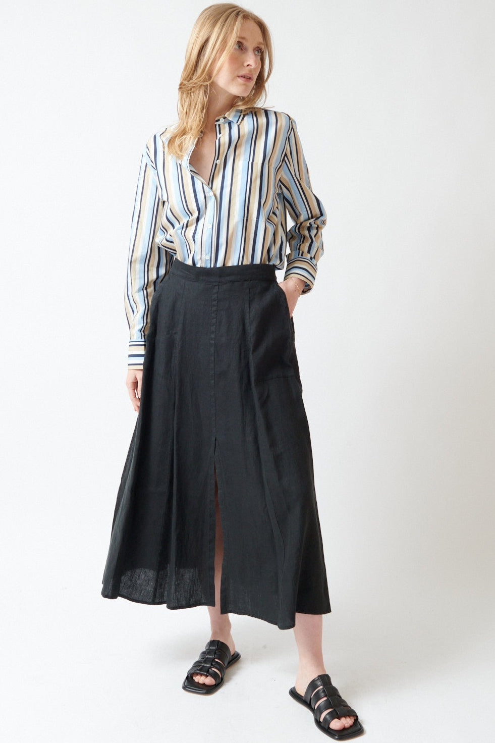 Madi wearing Rosso 35 Garment Dyed Half Elasticated Skirt front view