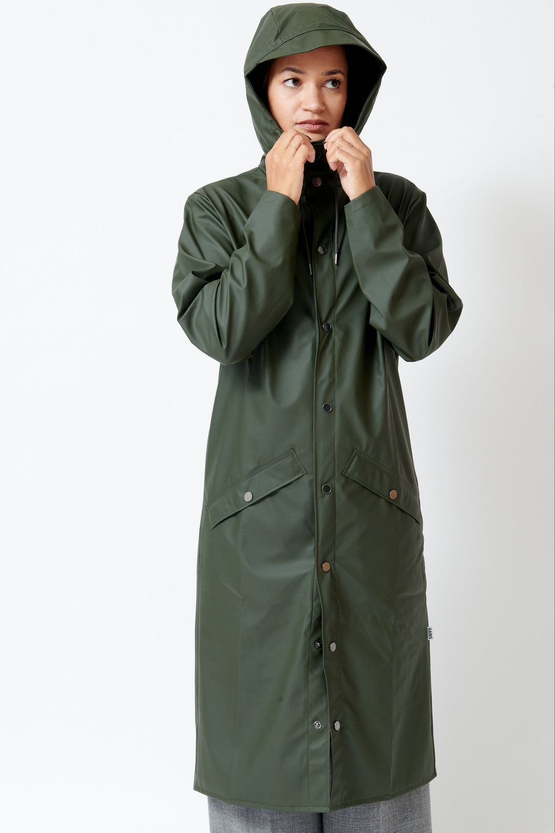 Model wearing Rains Longer Jacket W3 front view