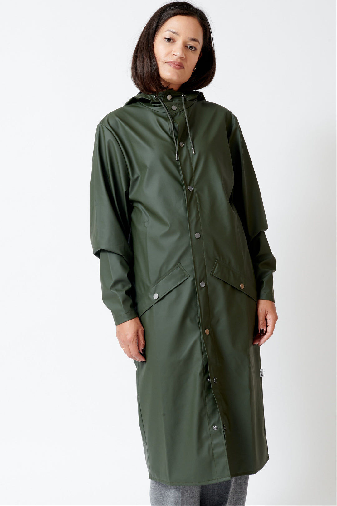 Model wearing Rains Longer Jacket W3 front view