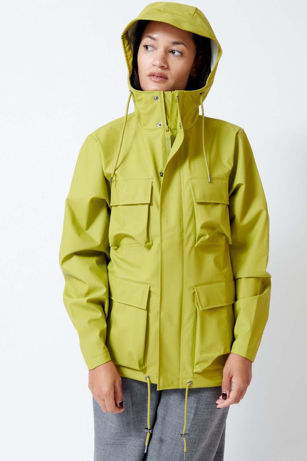 Model wearing Rains Pocket Jacket W3 front view