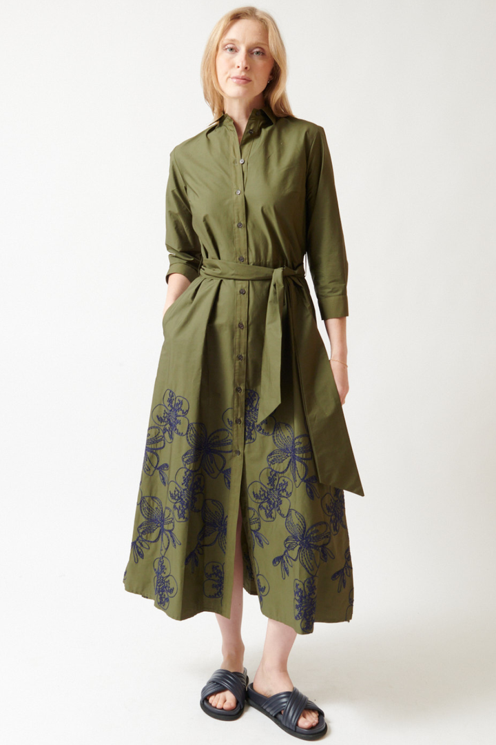 Madi wearing Rosso 35 Embroidered Floral Belted Long Shirt Dress front view