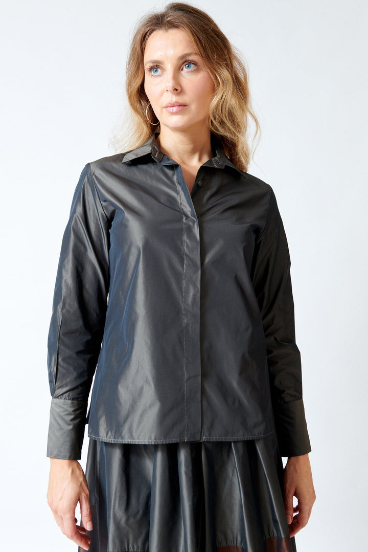 Mari wearing Rosso 35 Poly Taffeta Pam Blouse front view