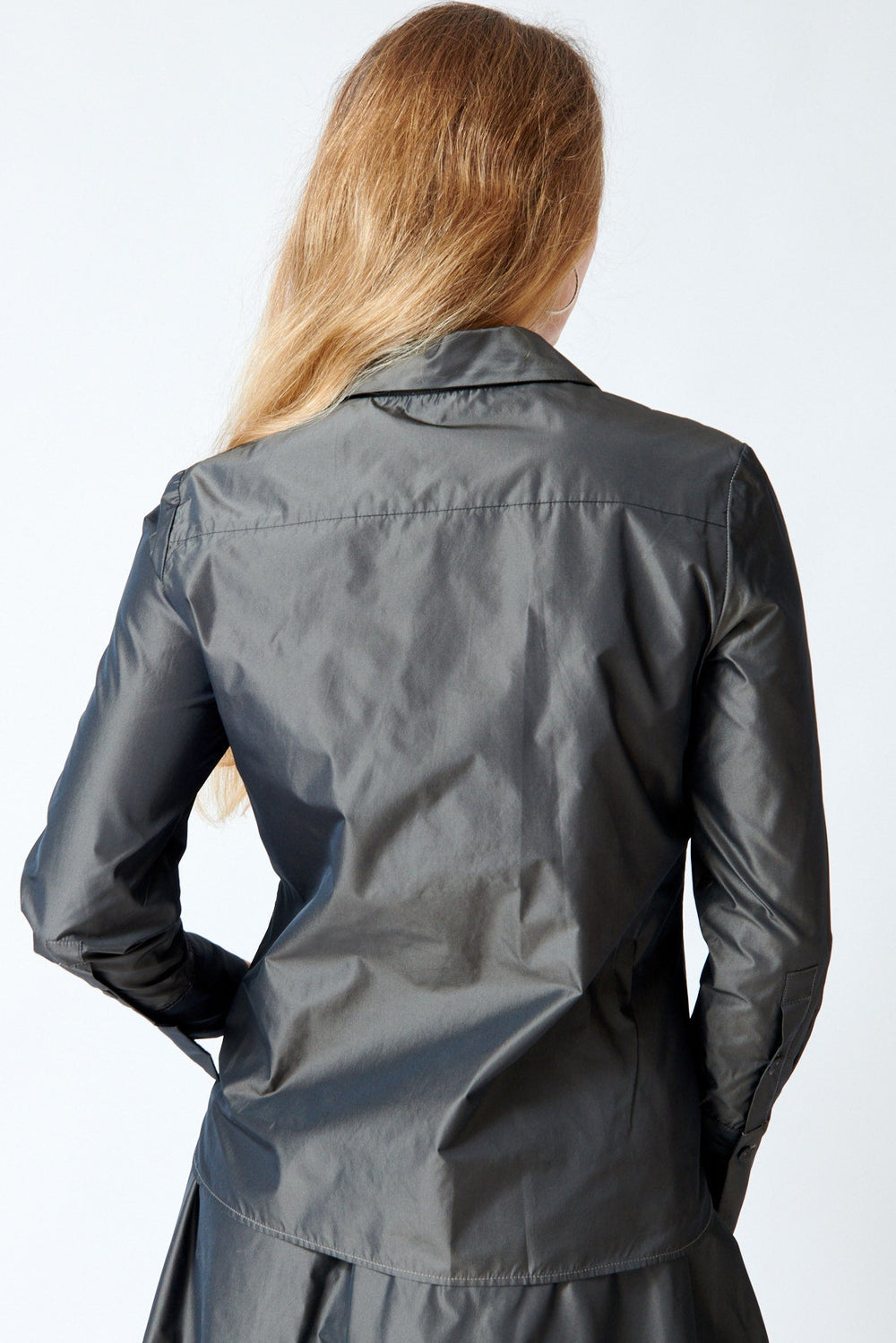 Mari wearing Rosso 35 Poly Taffeta Pam Blouse rear view