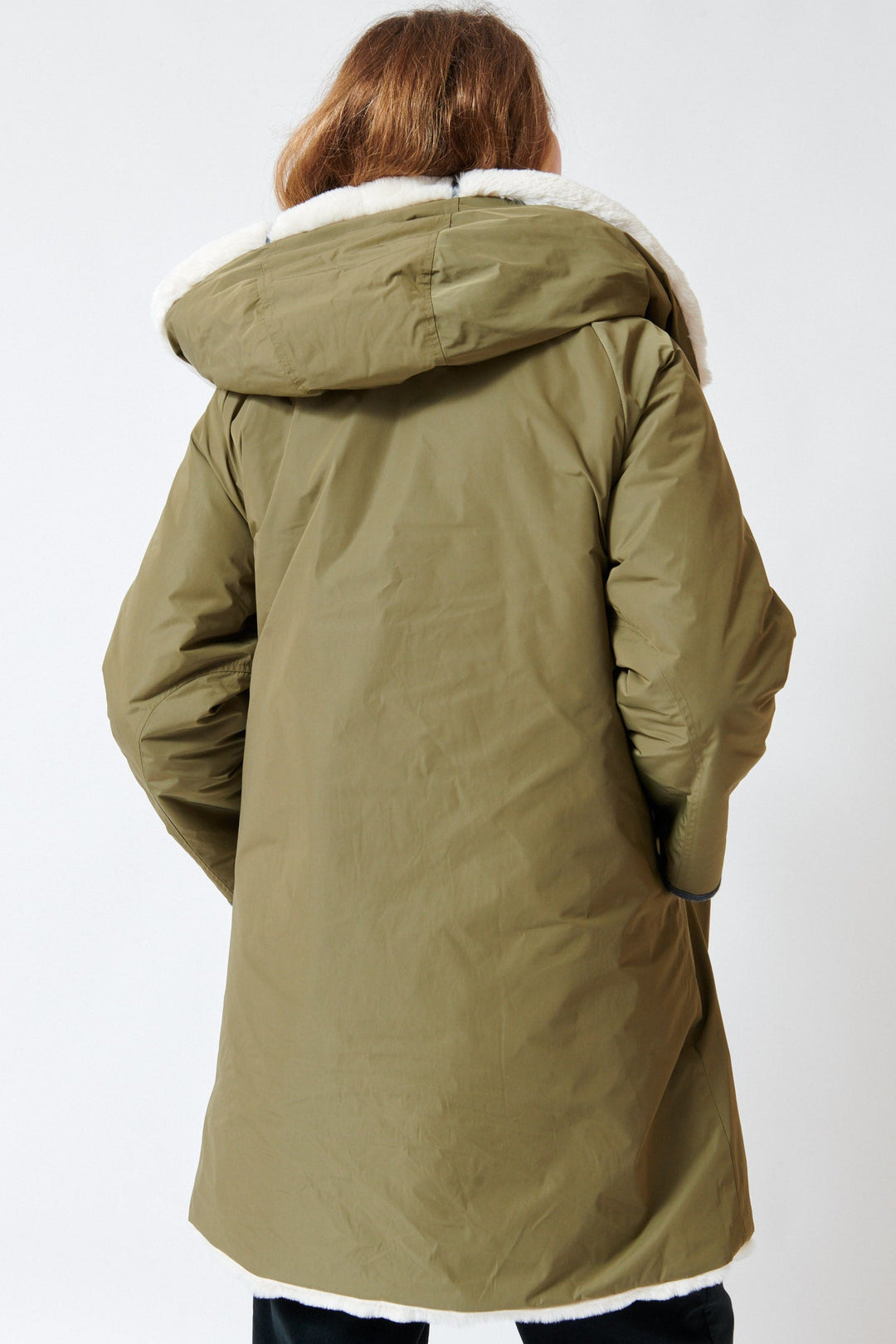 Mari wearing Rosso 35 Reversible Plush Interior Dual Zip Donna Coat rear view