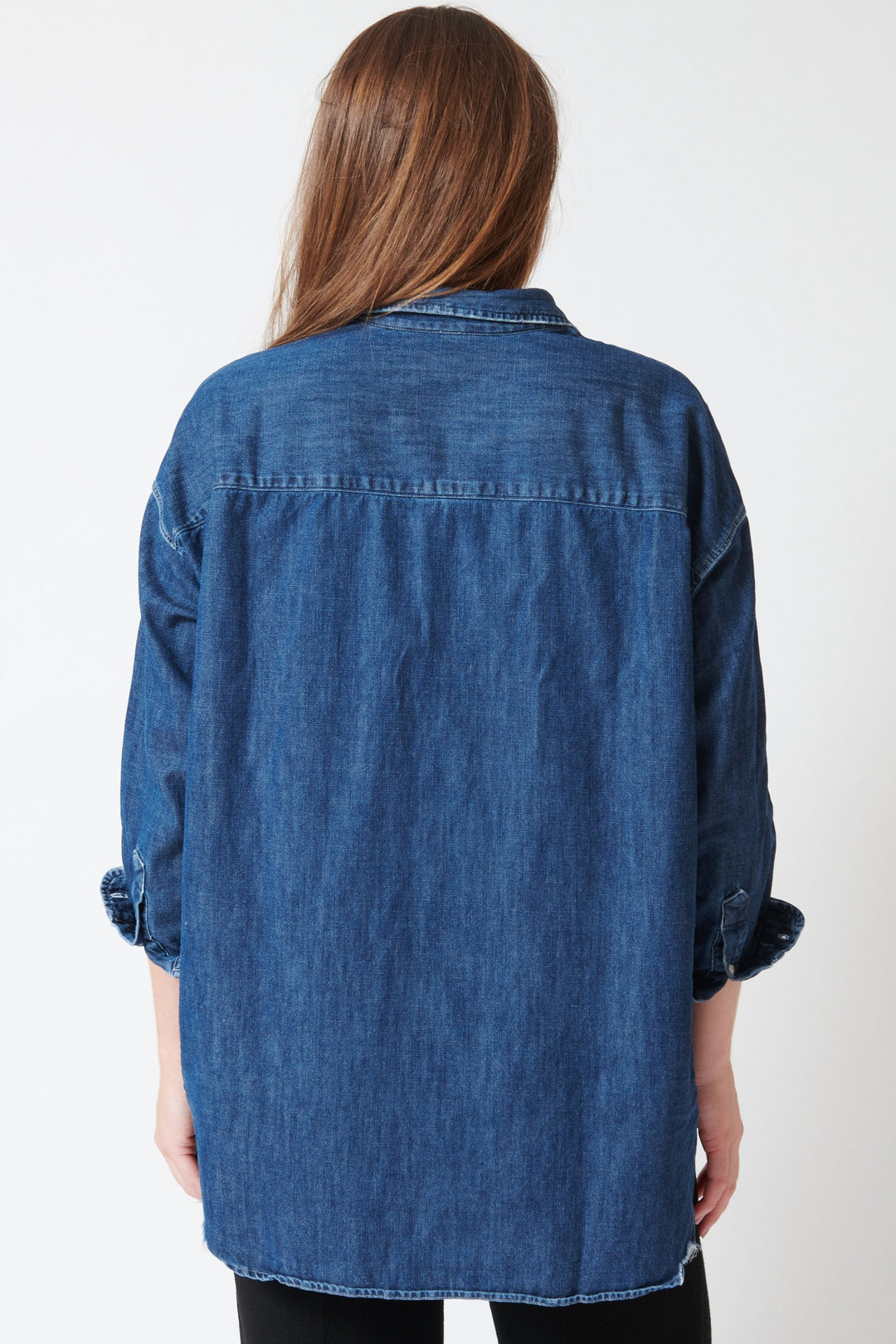 Model wearing Frank & Eileen Shirley Oversized Button Up Shirt rear view