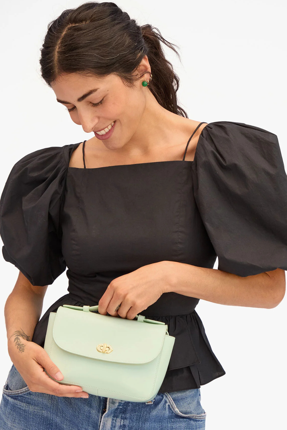 Model wearing Clare V. Kathryn London Box Bag front view