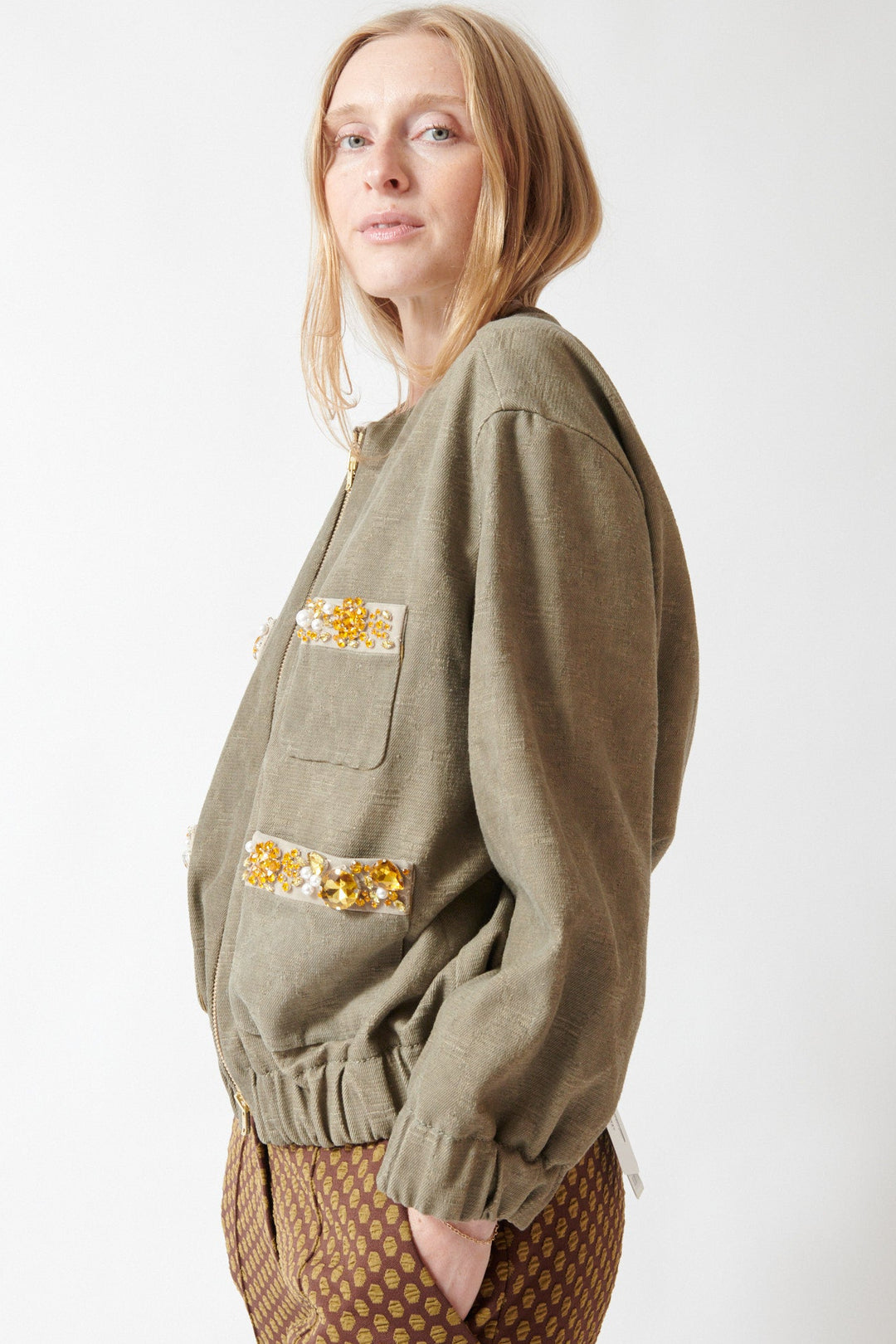 Madi wearing Odeeh Cotton Damask Bejeweled Zip Jacket side view