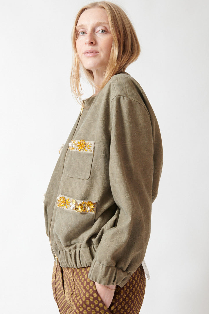 Madi wearing Odeeh Cotton Damask Bejeweled Zip Jacket side view