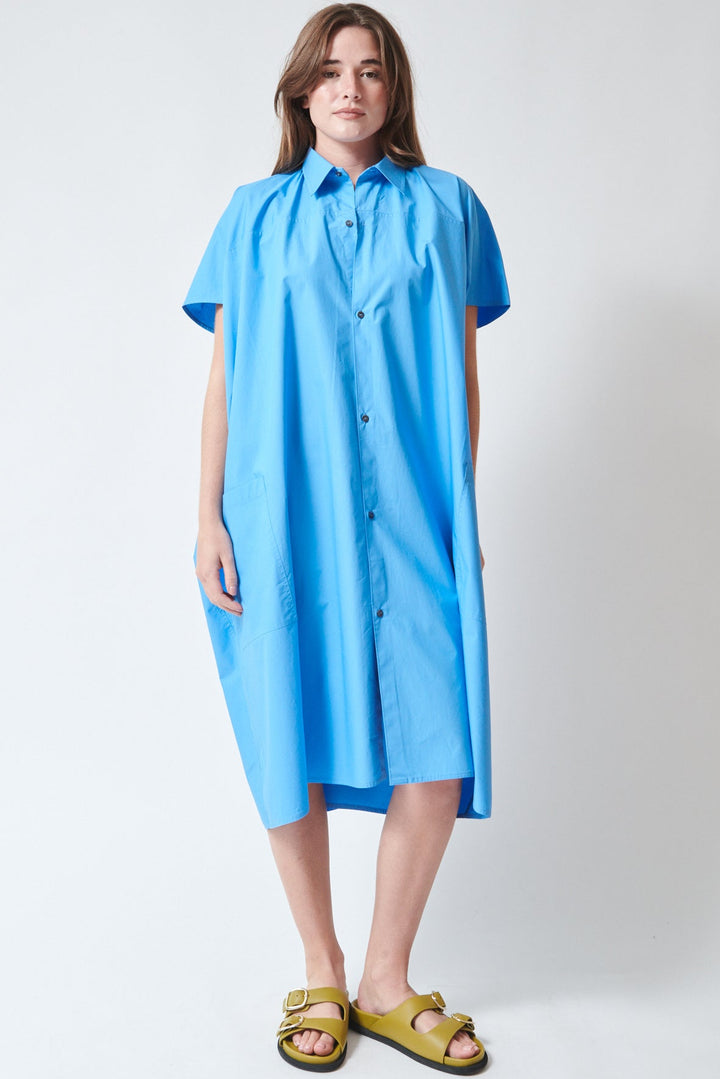 Julia wearing Sofie D'Hoore Duchy Wide Short Sleeve Button Down Dress Azure front view