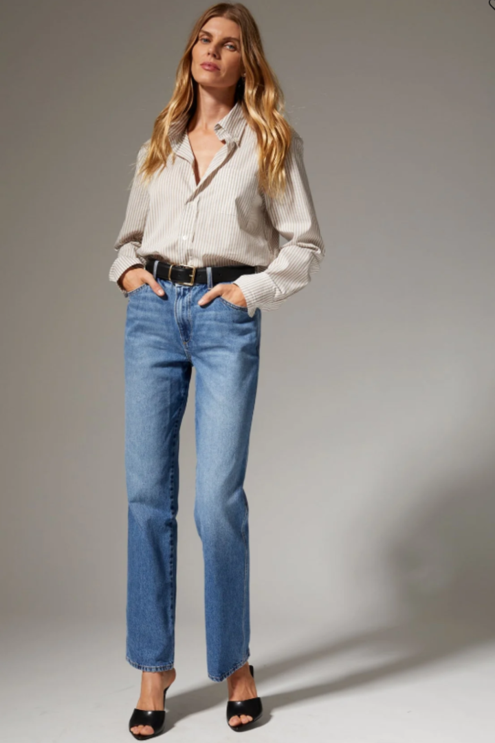 Model wearing SPRWMN Relaxed Straight Leg Denim front view