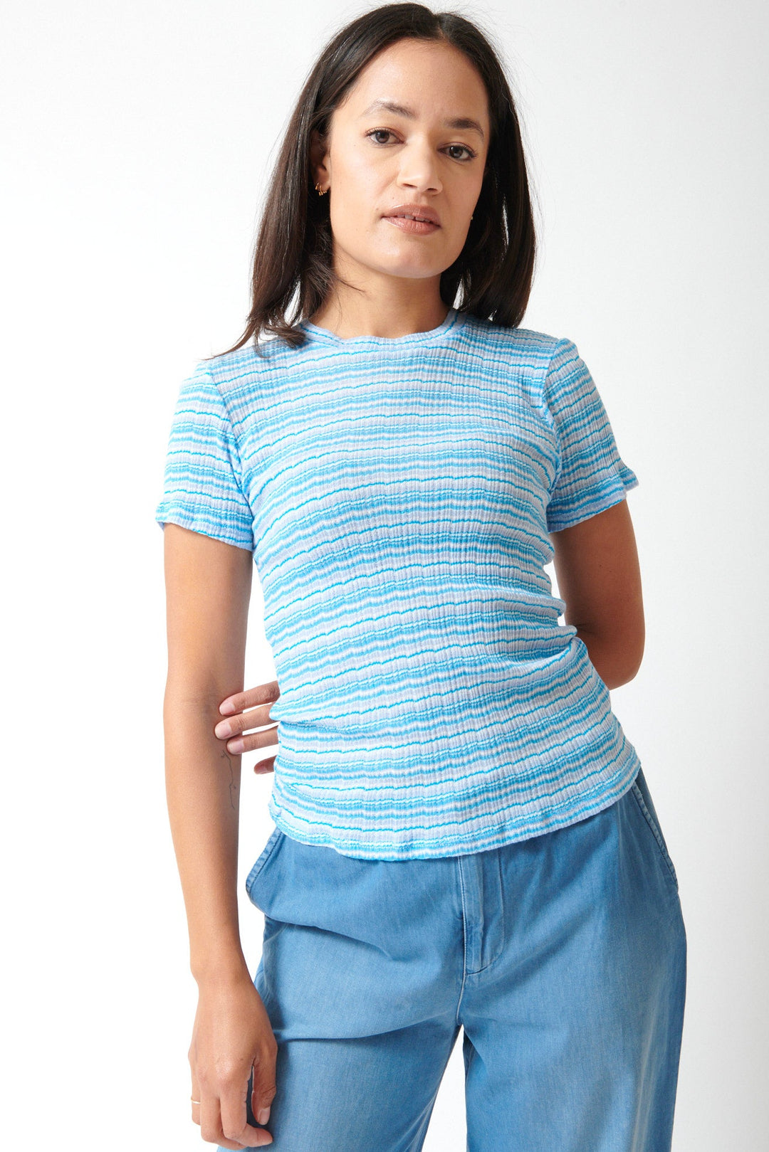 Amanda wearing SPRWMN Pointelle Baby Tee front view