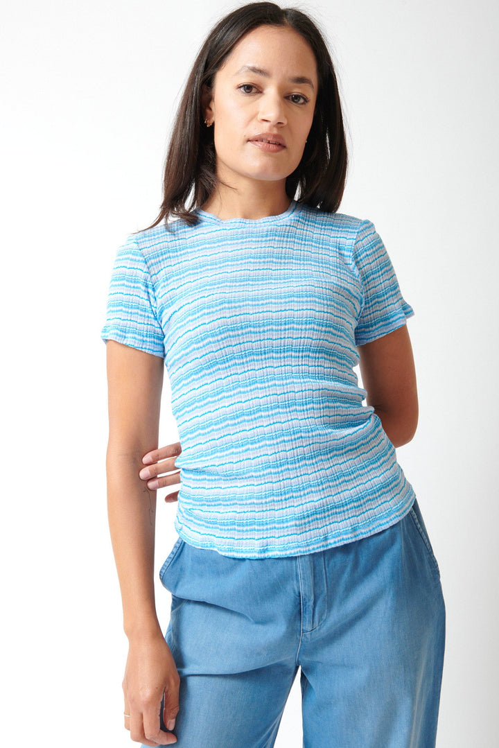 Amanda wearing SPRWMN Pointelle Baby Tee front view
