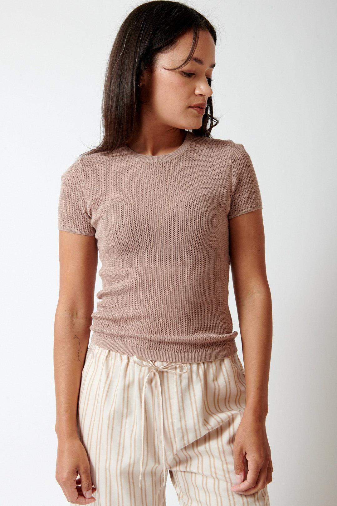 Amanda wearing Sablyn Isolde D Slim Crewneck Tee front view