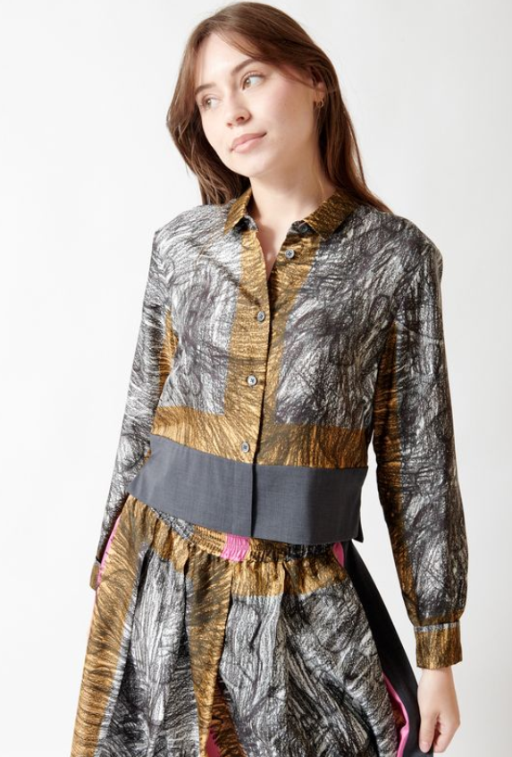 Angela wearing Odeeh Foulard Scribbles Blouse front view