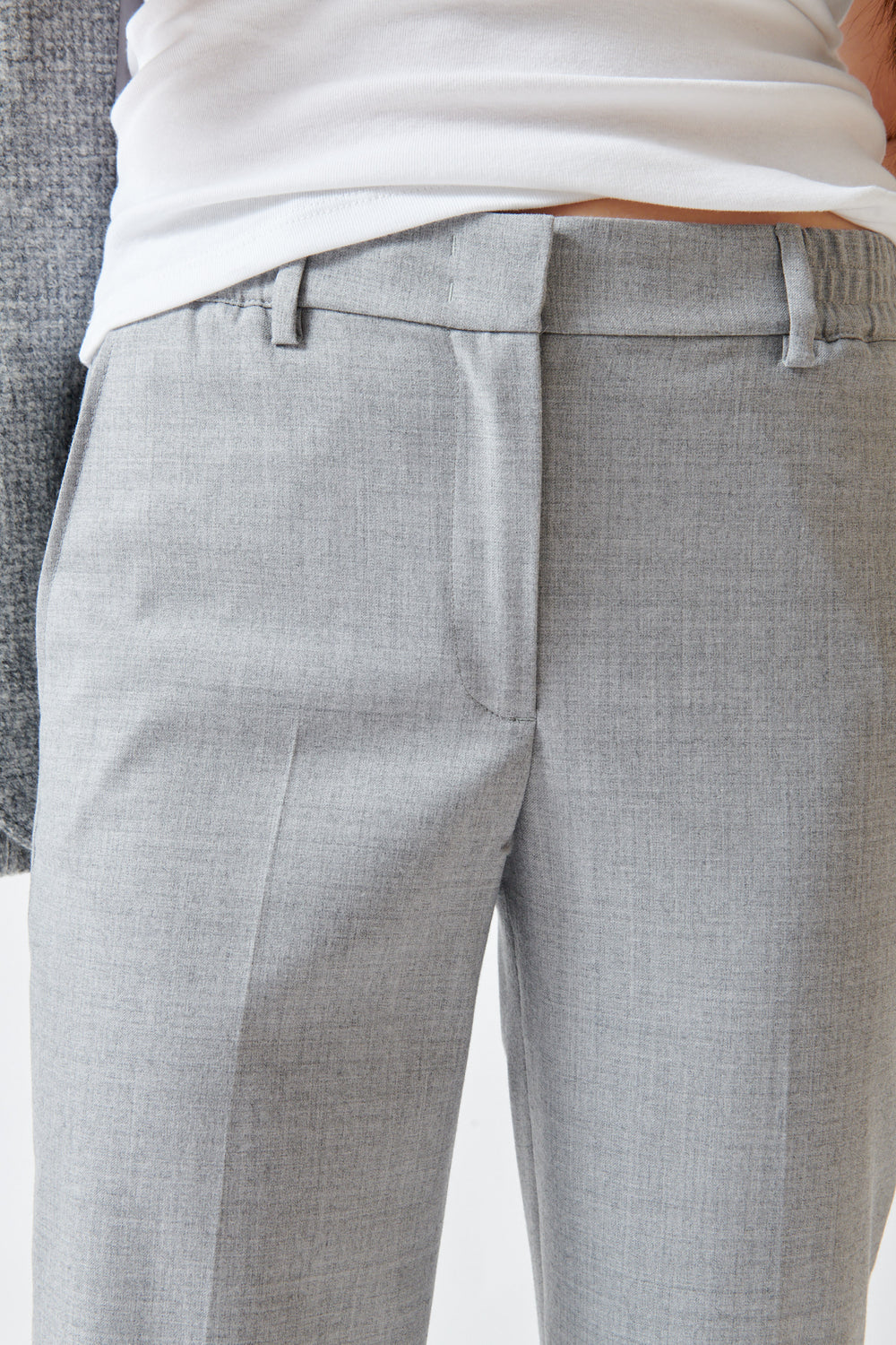Lilly wearing Seventy Joan Elasticated Trouser Light Grey Melange-grethen-house front detail view
