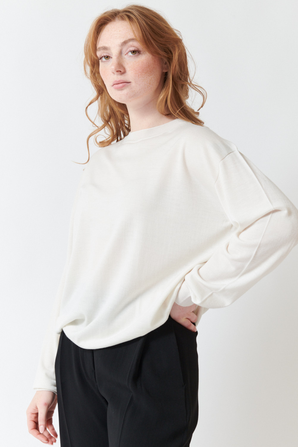 Waverly wearing Sofie D'Hoore Muscat Long Sleeve C Neck Pullover front view