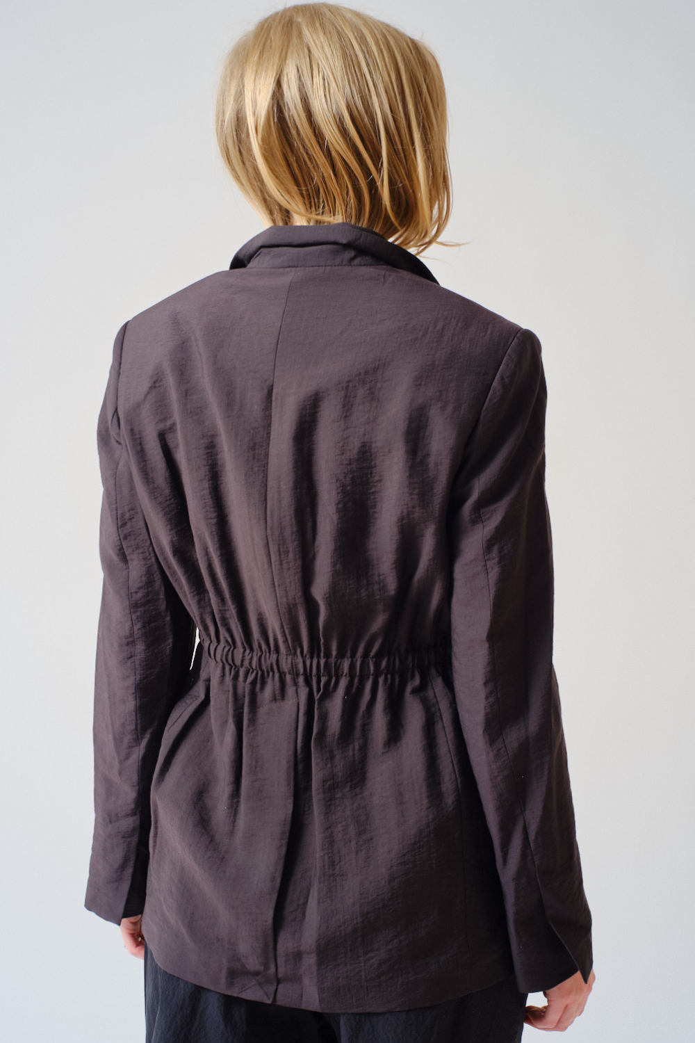 Madi wearing TELA-Nadine Jacket Coffee rear view