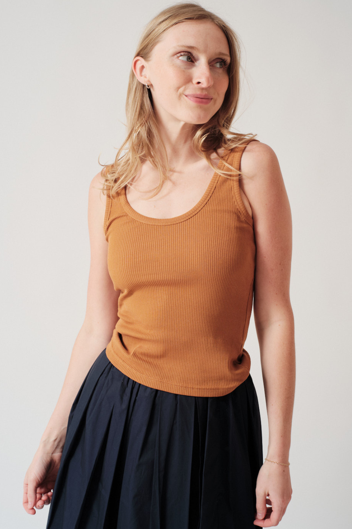 Madi wearing Tela Sofia Tank Top front view