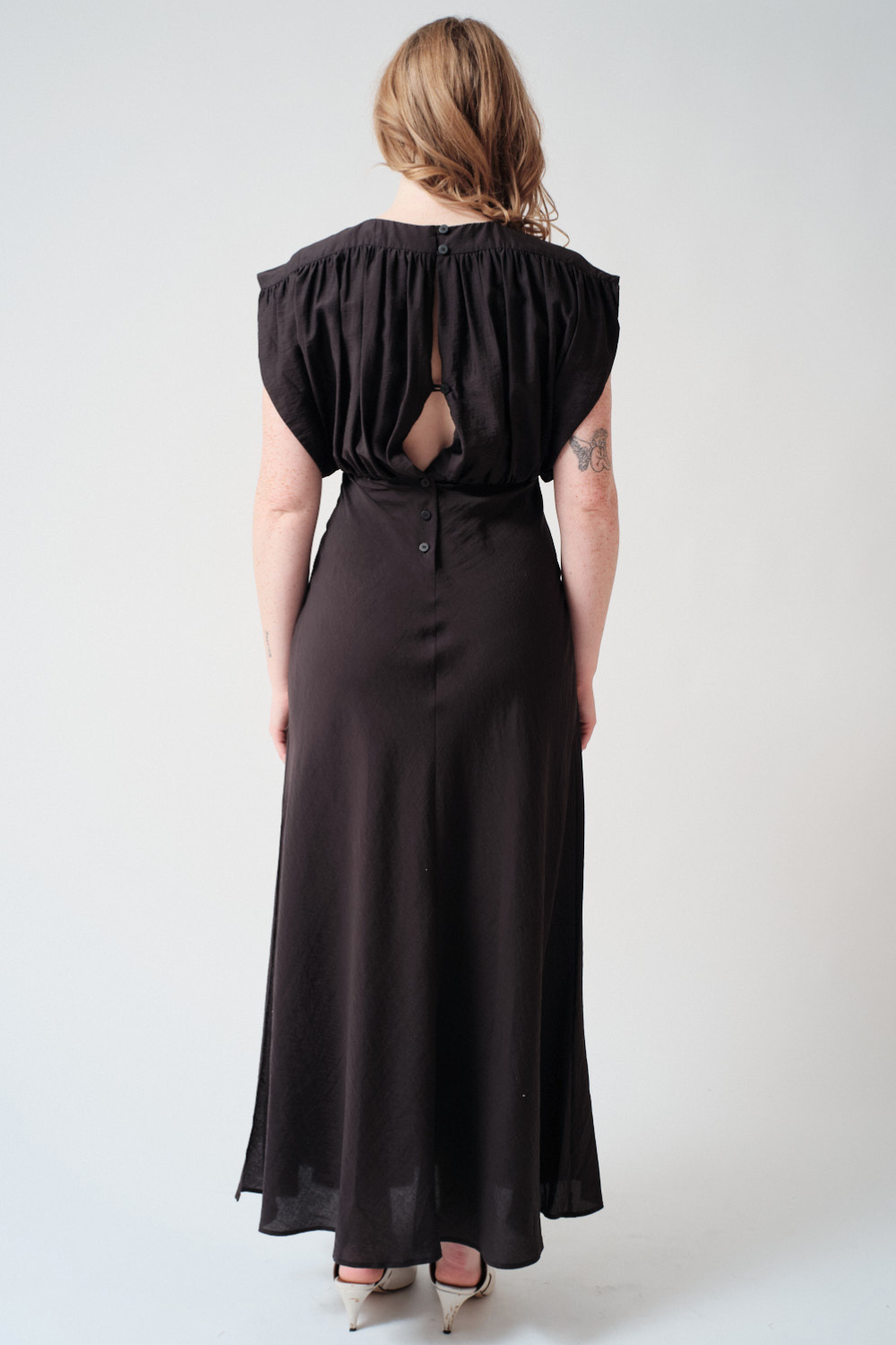 Waverly wearing Tela Vega Dress Coffee front view