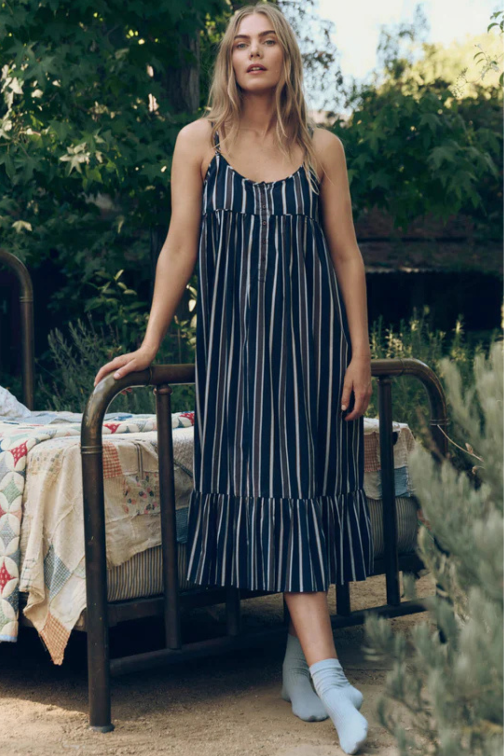 Model wearing The Great The Ruffle Tank Night Dress front view